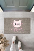 Dijital Baskı Gri Love Yazılı Pembe Gözlüklü Kedi Dekoratif Kapı Paspası K-2049 - 1