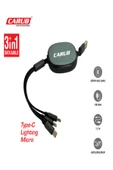 Şarj Kablosu Makaralı Geri Çekilebilir Usb 1.2m 3in1 Lightning+Micro+Type-C Şarj ve Data Kablosu - 1