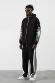 Üç İplik Baskılı Fermuarlı Kapüşonlu Hırka - Siyah thumbnail 3