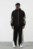 Üç İplik Baskılı Fermuarlı Kapüşonlu Hırka - Siyah thumbnail 2