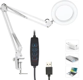 Akrobat Hareketli 8X Büyüteçli Led Işıklı Masa Çalışma Lambası - Mengeneli (Beyaz) thumbnail 1