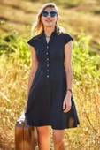 Gömlek Yaka Ön Düğmeli Kısa Kollu Kloş Elbise - 3