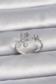 Pirinç Gümüş Renk Ayarlanabilir Zirkon Taşlı Beyaz Mineli Yaprak Model Kadın Yüzük - TJ-BYK3399 - 1