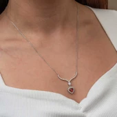 Lucky Life Kadın Gümüş Kırmızı Zirkon Taşlı Kalp Kadın Kolye thumbnail 3