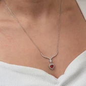 Lucky Life Kadın Gümüş Kırmızı Zirkon Taşlı Kalp Kadın Kolye thumbnail 7