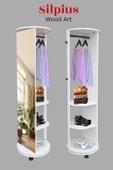 SİLPİUS Beyaz Boy Aynalı 360 Derece Döner Portatif Çok Amaçlı Portmanto Askılık Vestiyer Organizer - 1