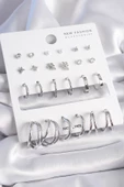 Gümüş Renk Zirkon Taş Detaylı 12 Çift Kadın Küpe Seti - EBJ261410W29092 thumbnail 2