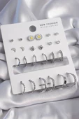 Gümüş Renk Zirkon Taş Detaylı 12 Çift Kadın Küpe Seti - EBJ261410W29097 thumbnail 1