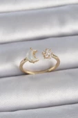 Gold Renk İncili Hilal Zirkon Taşlı Yıldız Ayarlanabilir Model Kadın Yüzük - EBJ261410W29219 - 1