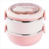 TANTİTONİ -TEDEMEI PEMBE PASLANMAZ ÇELİK YUVARLAK 2 KATLI ÇATAL VE KAŞIKLI YEMEK TAŞIMA KABI 850ML - 1