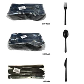 Plastik Siyah Çatal Kaşık Bıçak Seti Takımı- 100 Ad. Çatal + 100 Ad. Bıçak + 100 Ad. Kaşık - 18 Cm. thumbnail 3