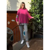 Lucky Life Kadın Pembe Kapşonlu Etek Ucu Detay Arma Ters Dikiş Gorunumlu Ikili Takım - 4