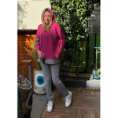 Lucky Life Kadın Pembe Kapşonlu Etek Ucu Detay Arma Ters Dikiş Gorunumlu Ikili Takım - 1