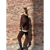 Lucky Life Kadın Kahve Kapşonlu Etek Ucu Detay Arma Ters Dikiş Gorunumlu Ikili Takım thumbnail 4