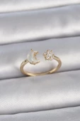 MuI MuI Pirinç Gold Renk İncili Hilal Zirkon Taşlı Yıldız Ayarlanabilir Model Kadın Yüzük - 1