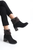KATYA Fermuarlı Ortopedik Taban Topuklu Kürk Detaylı Süet Kadın Bot ST Siyah - 2
