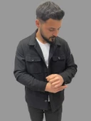 Erkek Cep Detaylı Kışlık Siyah Kaşe Gömlek - 2