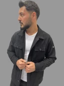 Erkek Cep Detaylı Kışlık Siyah Kaşe Gömlek - 4