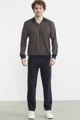 Rahat Kalıp Desenli Pijama Takım - Kahve - 1