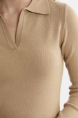 Patlı Polo Yaka Basic Triko Elbise - Bej thumbnail 4