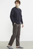 Düğmeli Desen Kombinli Pijama Takım - Kahve - 5