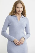 Patlı Polo Yaka Basic Triko Elbise - Mavi - 4