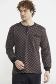 Desen Kombinli Cepli Pijama Takım - Kahve - 4