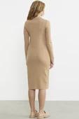 Patlı Polo Yaka Basic Triko Elbise - Bej thumbnail 5