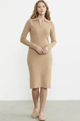 Patlı Polo Yaka Basic Triko Elbise - Bej thumbnail 2