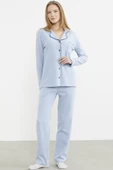 Düğmeli Gömlek Model Pijama Takım - Mavi - 4