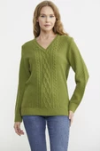 V Yaka Motifli Yünlü Triko Kazak - Yeşil thumbnail 1