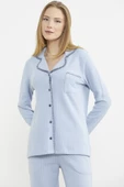 Düğmeli Gömlek Model Pijama Takım - Mavi - 3