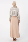 Koyu Bej-Beli Lastikli Bağlama Detaylı Pamuklu Etek thumbnail 4