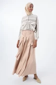Koyu Bej-Beli Lastikli Bağlama Detaylı Pamuklu Etek thumbnail 1