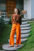 Turuncu-%100 Pamuk Yüksek Bel Bol Paça Pantolon thumbnail 1