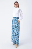 Koyu Mavi-Ekru-Baskılı Paçası Yırtmaçlı Beli Lastikli Wide Leg Viskon Keten Pantolon thumbnail 4