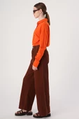 Kahve-%100 Pamuk Pileli Bol Paça Cepli Pantolon thumbnail 3
