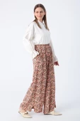 Somon-Kiremit-Baskılı Paçası Yırtmaçlı Beli Lastikli Wide Leg Viskon Keten Pantolon thumbnail 2
