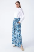 Koyu Mavi-Ekru-Baskılı Paçası Yırtmaçlı Beli Lastikli Wide Leg Viskon Keten Pantolon thumbnail 2