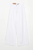Beyaz-%100 Pamuk Yüksek Bel Bol Paça Pantolon thumbnail 8