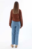 Mavi-%100 Pamuk Boru Paça Orta Bel Denim Pantolon - 4