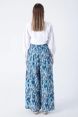Koyu Mavi-Ekru-Baskılı Paçası Yırtmaçlı Beli Lastikli Wide Leg Viskon Keten Pantolon thumbnail 5