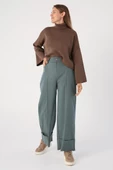 Pastel Yeşili-Pamuklu Geniş Paça Katlamalı Likralı Pantolon - 4