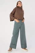 Pastel Yeşili-Pamuklu Geniş Paça Katlamalı Likralı Pantolon - 1