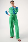 Çimen Yeşili-Beli Lastikli Pileli Bol Paça Viscon Pantolon thumbnail 1