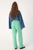 Soft Yeşil-Beli Fırfırlı Bol Paça Viskon Keten Pantolon thumbnail 4