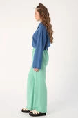 Soft Yeşil-Beli Fırfırlı Bol Paça Viskon Keten Pantolon thumbnail 3