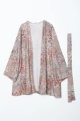 Bej-Kahve-Oversize Kol Yırtmaç Detaylı Kuşaklı Desenli Kimono thumbnail 7