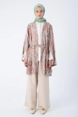 Bej-Kahve-Oversize Kol Yırtmaç Detaylı Kuşaklı Desenli Kimono thumbnail 2