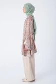 Bej-Kahve-Oversize Kol Yırtmaç Detaylı Kuşaklı Desenli Kimono thumbnail 3